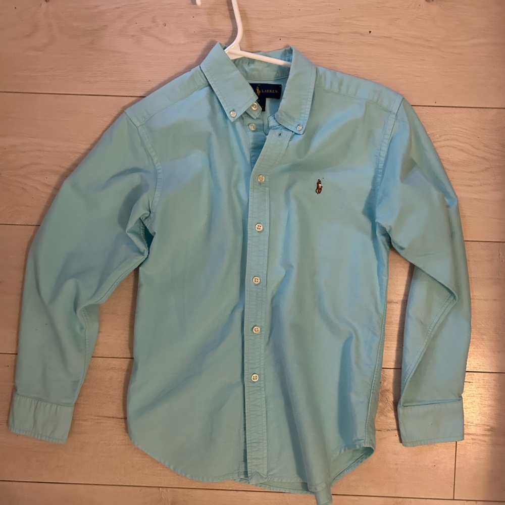 Boys size 12 Ralph Lauren 100% cotton button down shirt. Vibrant turquoise.